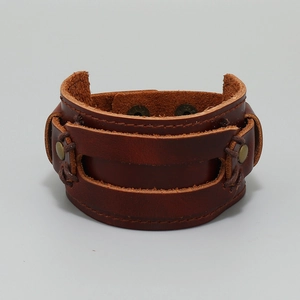Vintage dark brown multi-layer wide leather wristband with rivets and metal buckles