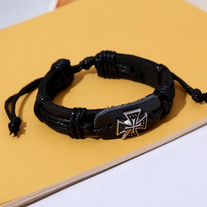 Punk multilayer black braided leather bracelet with retro silver iron cross charm and adjustable cord