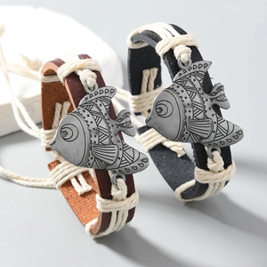 Handmade braided PU leather bracelets with vintage silver fish pendants for men and women