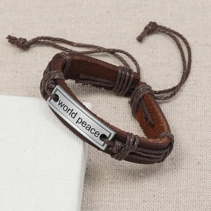 Retro brown woven leather bracelet with world peace engraved metal plate and adjustable cord