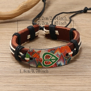 Handmade leather bracelet with colorful heart and peace sign, adjustable pull string style