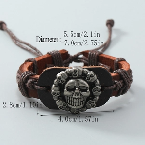 Bracciale punk in pelle intrecciata con cordino regolabile e ciondolo teschio vintage