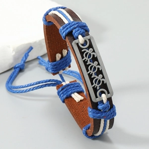 Handmade leather ocean bracelet featuring alloy turtle metal plate and blue woven rope