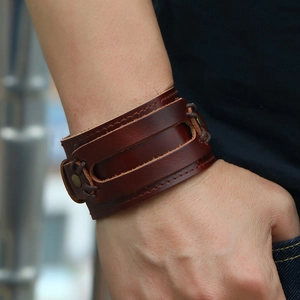 Vintage brown multi-layer wide leather cuff bracelet with bronze studs for men