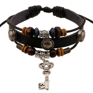 Retro Punk Cowhide Leather Beaded Bracelet Multi-layer Bohemian Braided Bracelet With Alloy Key Pendant For Men Women Jewelry