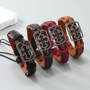 Handmade woven leather cross bracelets in four colors for men with vintage alloy pendants