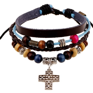 Vintage Bohemian Multi-layer Leather Bracelet Handmade Braided Wood Bead Cross Pendant Adjustable Cuff Bangle For Men Women