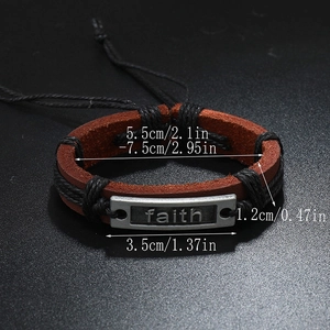 Bracelet rétro en cuir tressé à la main avec gravure Faith sur plaque en argent