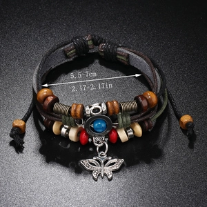 Multilayer leather beaded bracelet with silver butterfly pendant and wooden beads