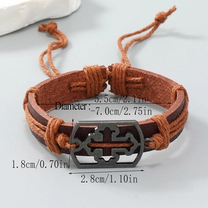 Men's vintage braided leather bracelet with cross metal charm and size specifications
