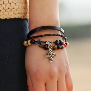 Multilayer leather beaded bracelet with cross pendant in bohemian vintage style