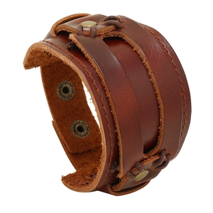Vintage Men Brown Multi-Layer Wide Leather Bracelet Handmade Punk Cuff Bangle With Wax Cord Iron Studs Jewelry