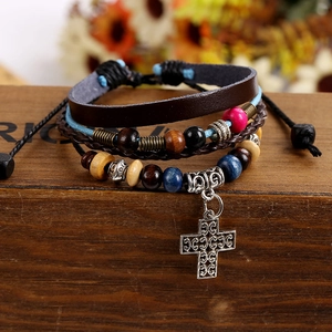 Retro multilayer leather bracelet with colorful wood beads and a cross charm pendant