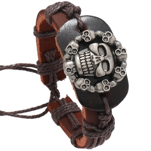 Bracciale Intrecciato in Pelle di Vacca Punk Retrò Con Ciondolo Teschio Regolabile Gothic Rock per Uomo Donna Gioielli