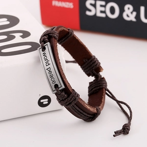 Retro brown braided leather bracelet with engraved World Peace metal plate