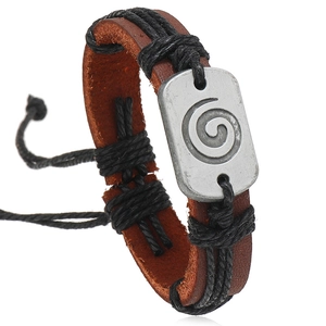 Vintage Handmade Woven Cowhide Leather Bracelet For Men Alloy Spiral Plaque Punk Retro Adjustable Wrap Bangle Jewelry