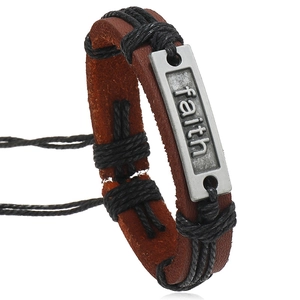 Bracelet en Cuir Véritable Tissé à la Main Vintage pour Hommes Femmes Faith Lettre Plaque en Métal Bracelet Tressé Réglable Bijoux