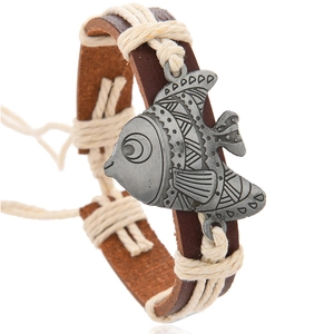 Vintage Handmade Woven PU Leather Bracelet For Men Women Fish Alloy Pendant Ethnic Boho Braided Hemp Rope Wristband Jewelry