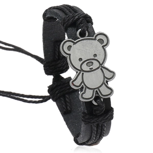 Geflochtenes Lederarmband für Herren mit antikem Silber-Bärenanhänger und verstellbarer Kordel