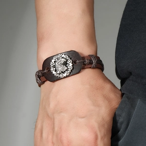 Men's handmade braided leather bracelet with silver eagle head and star charm punk style
