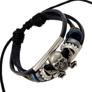 Vintage Punk Gothic Multilayer Woven Leather Bracelet For Men Women Alloy Skull Cross Swords Wood Beads Adjustable Jewelry