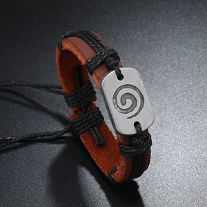 Retro brown leather woven bracelet with spiral engraved metal plate in punk style
