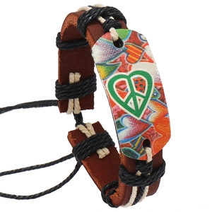 Retro Handmade Braided Cowhide Leather Bracelet For Men Women Bohemian Peace Sign Colorful Heart Adjustable Cord Bracelet Jewelry