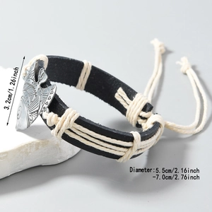 Adjustable hand-woven PU leather bracelet with retro silver fish charm for men and women