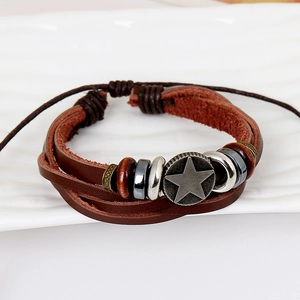 Multilayer genuine leather bracelet with vintage silver star charm and adjustable cord