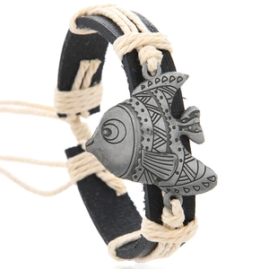 Handwoven PU leather bracelet with retro silver fish charm and multi-layered hemp rope