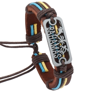 Handmade Woven PU Leather Bracelet With Bahamas Metal Plate Dolphin Palm Tree Beach Style Retro Vacation Jewelry For Men Women