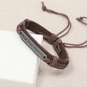 Vintage multilayer woven brown leather bracelet with Are You Ready engraved metal plate