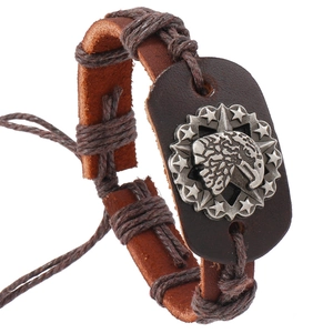 Punk Retro Men Cowhide Leather Bracelet Handmade Braided Eagle Star Charm Brown Adjustable Wrap Bracelet Vintage Jewelry