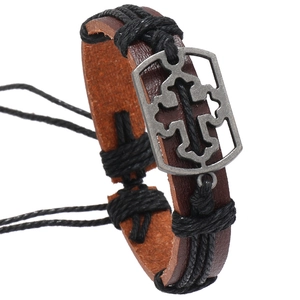 Men Vintage Cross PU Leather Bracelet Handmade Woven Adjustable Hemp Rope Bangle Retro Punk Style Jewelry Gift For Daily Party
