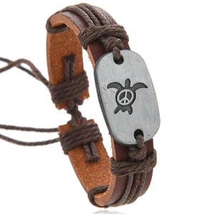 Handmade Braided Leather Bracelet With Turtle Pattern Peace Sign Metal Charm Adjustable Rope Surf Beach Style Bracelet For Men Women