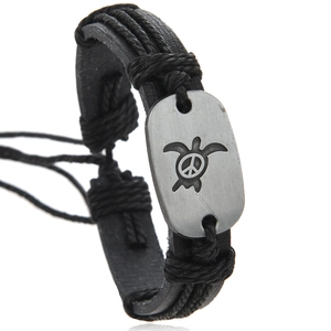 Retro braided leather bracelet with sea turtle peace sign in adjustable black cord
