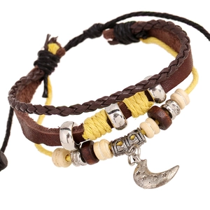 Vintage Punk Cowhide Leather Alloy Beaded Multi Layer Adjustable Moon Star Pendant Bracelet For Men Women Bohemian Jewelry