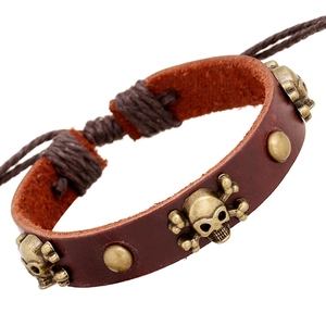 Bracelet Punk en Cuir de Vachette Crâne Fait à la Main Tissé Ajustable Alliage Rivet Pour Hommes Femmes Rétro Rock Bijoux