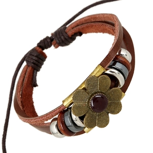 Handmade Vintage Multilayer Braided Cowhide Leather Bracelet For Women Men Alloy Flower Wood Bead Bohemian Punk Jewelry