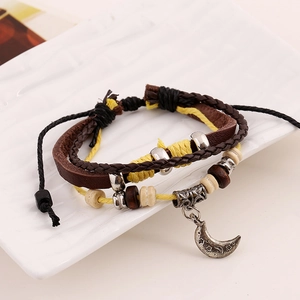 Multilayer leather bracelet featuring moon pendant and wooden beads in vintage ethnic style
