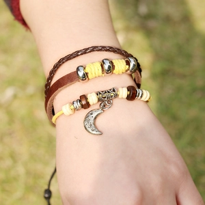 Multilayer leather bracelet set with moon charm and braided rope for men and women