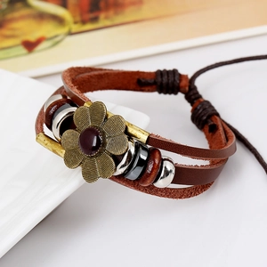 Bohemian multi-layer leather bracelet with bronze flower and colorful wooden beads