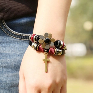 Multilayer leather beaded bracelet with antique bronze flower and cross charms in retro style