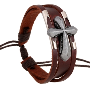 Vintage Punk Multi Layer Cowhide Leather Bracelet For Men Women Cross Charm Adjustable Braided Cord Handcrafted Fashion Jewelry