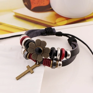 Multilayer leather beaded bracelet with cross and floral charm in retro bohemian style