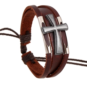 Bracciale a Croce in Pelle Fiore Multistrato Vintage per Uomo Donna Stile Retro Punk Braccialetto in Corda Intrecciata Regolabile