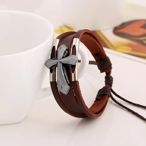 Retro multilayer genuine leather cross bracelet for men and women in dark brown finish