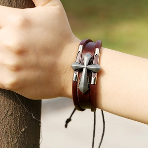 Multilayer genuine leather cross bracelet for men and women with adjustable drawstring