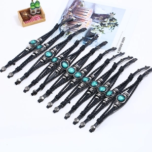 Set of 12 punk style woven leather zodiac bracelets with retro green glass charms