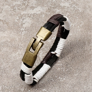 Vintage braided leather bracelet with multi-color cord and antique gold alloy clasp